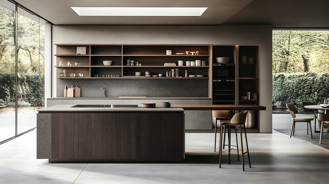 A modern and minimalist kitchen design featuring open shelving a neutral color palette and a central island that emphasizes simplicity and functionality for a clean and elegant living space