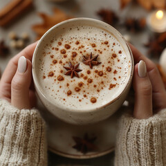 Autumn concept. First person top view shot of woman's hands in sweater holding cinnamon sticks aniseed sparkling drink on isolated beige background. Made with generative ai