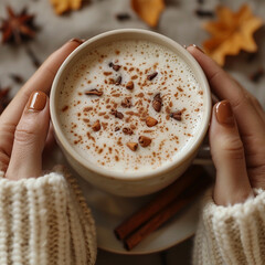 Autumn concept. First person top view shot of woman's hands in sweater holding cinnamon sticks aniseed sparkling drink on isolated beige background. Made with generative ai