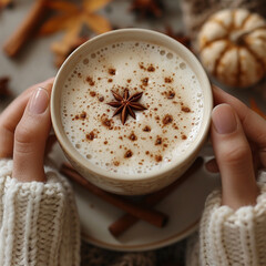 Autumn concept. First person top view shot of woman's hands in sweater holding cinnamon sticks aniseed sparkling drink on isolated beige background. Made with generative ai