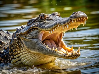 Obraz premium The alligator's mouth gapes open, showcasing a gruesome array of yellowed teeth, worn smooth by centuries of devouring