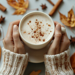 Autumn concept. First person top view shot of woman's hands in sweater holding cinnamon sticks aniseed sparkling drink on isolated beige background. Made with generative ai