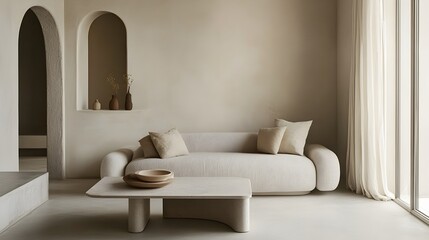 Fototapeta premium Serene and Sophisticated Minimalist Living Room Design with Neutral Color Palette Clean Lines and Thoughtfully Placed Decorative Accents for a Harmonious Atmosphere