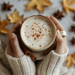 Autumn concept. First person top view shot of woman's hands in sweater holding cinnamon sticks aniseed sparkling drink on isolated beige background. Made with generative ai