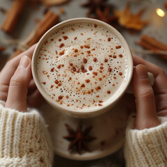 Autumn concept. First person top view shot of woman's hands in sweater holding cinnamon sticks aniseed sparkling drink on isolated beige background. Made with generative ai