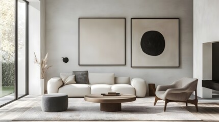 A stylish minimalist living room showcasing a cozy rug understated artwork on the walls and an open layout that promotes a sense of space and tranquility