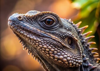 Fototapeta premium The black dragon lizard's scales glinted like polished obsidian, contrasted vividly with spiky, serrated ridges.