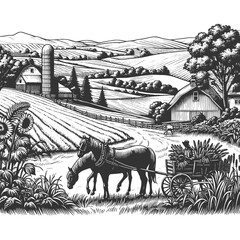 rural farm landscape, horses pulling cart, barns, fields,nrolling hills, traditional countryside life sketch engraving generative ai vector illustration. Scratch board imitation. Black and white image