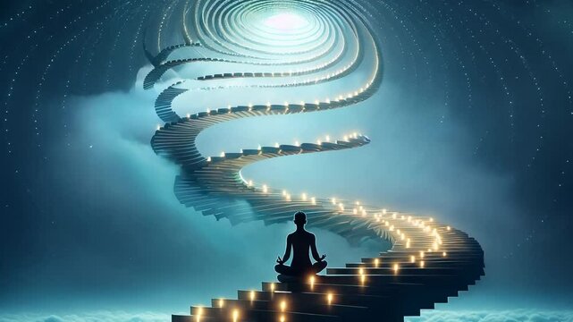 Meditative figure seated at the center of a floating spiral staircase, each step glowing faintly, leading upwards into the sky, to infinity