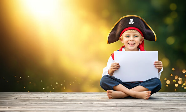 Junge Kind im Piratenkost&uuml;m wie zum Fasching sitzt barfu&szlig; auf leerer Fl&auml;che aus Holz und h&auml;lt ein leeres Papier als Vorlage l&auml;chelnd vor sich Werbung Hinweise Schilder warme Sonnenstrahlen glitzern