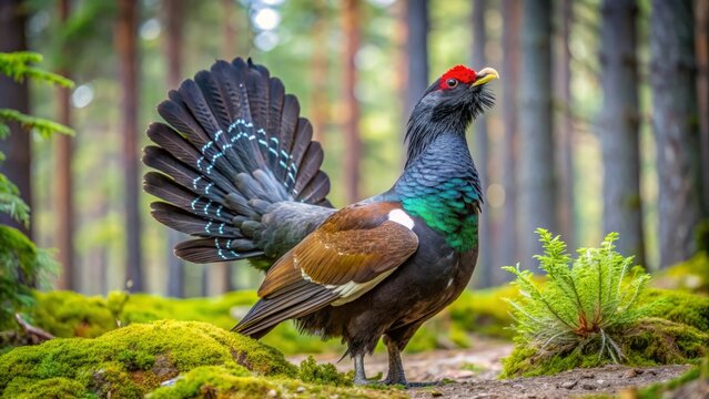 Strutting its stuff in a woodland glade, a male capercaillie flaunts its stunning iridescent feathers, a dazzling sight