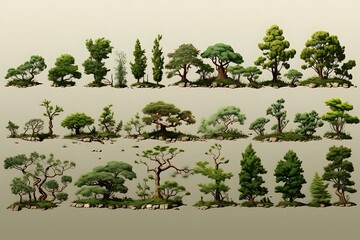 A collection of stylized tree illustrations for design and artistic use.