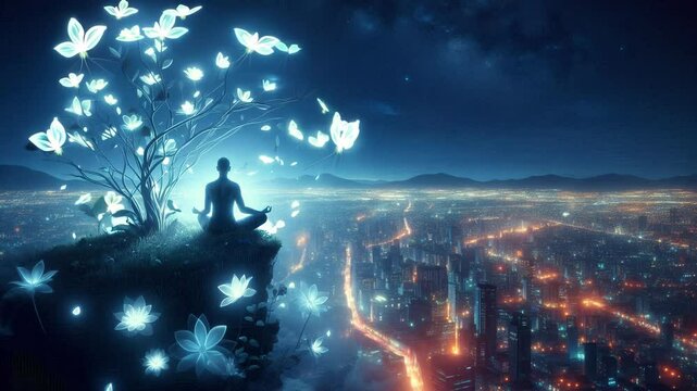 Peaceful, floating garden above a luminous city at night, meditating figure sits among bright glowing flowers and leaves, overlooking the city lights below