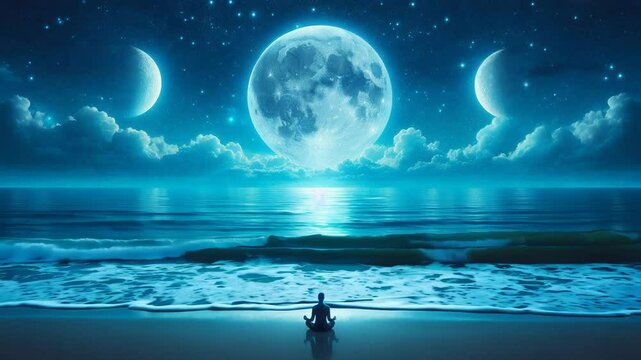 Quiet beach under a full moon, with gentle waves lapping the shore, a meditating person sitting on the sand, and the stars twinkling above