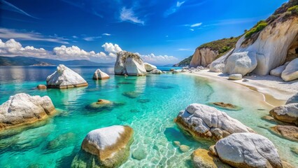 The Greek island beach boasts white lunar-like rocks, weathered to perfection, set against a backdrop of sparkling