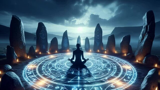 Sacred circle of stones with a meditating figure in the center, surrounded by ancient standing stones and glowing runes