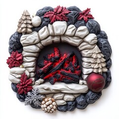 Naklejka premium A cozy decorative fireplace wreath featuring festive elements like pine trees and ornaments for a warm holiday ambiance.