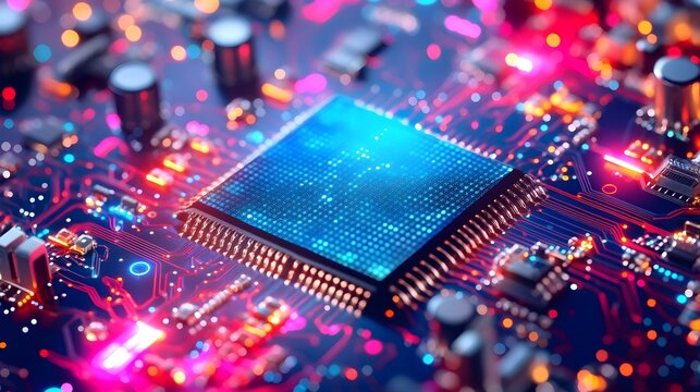 Close-up of a microchip on a circuit board with colorful lights.
