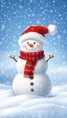 Fototapeta premium Cheerful Snowman In Snowy Winter Wonderland With Red Scarf, Christmas Greeting Card Illustration