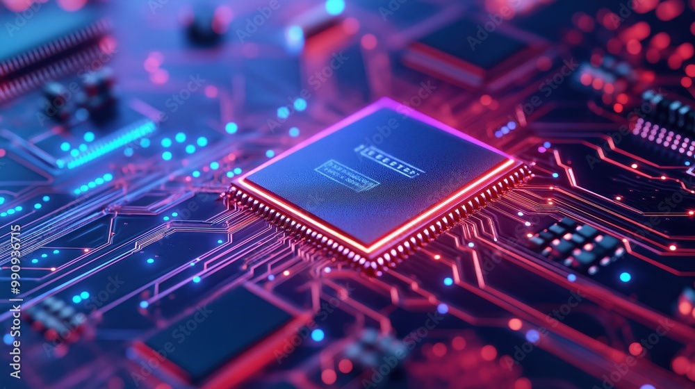 Poster closeup view of a vibrant complex microchip and circuit board with glowing wires digital patterns an