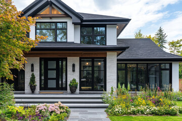 Modern House With Large Windows, Black Front Door With Glass, Garden and Black Roof, Contemporary Architecture Surrounded by Greenery