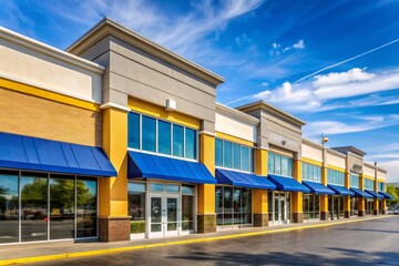 The large retail store's exterior design combines bright blue and yellow hues, with eye-catching signage that stands