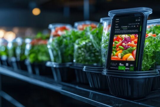 Digital grocery display showcasing a wide variety of fresh organic produce and a smartphone application for convenient online shopping and promotional discounts
