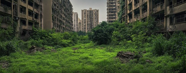 Overgrown area between abandoned buildings, showcasing nature reclaiming urban space.