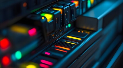 Close-up of colorful server lights and electronic components on a dark background.