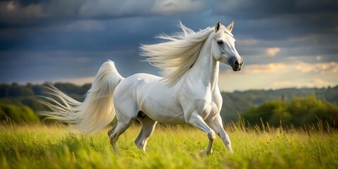 Fototapeta premium The proud Arabian stallion stands tall in the sun-kissed grassy field, his snow-white coat and long mane flowing
