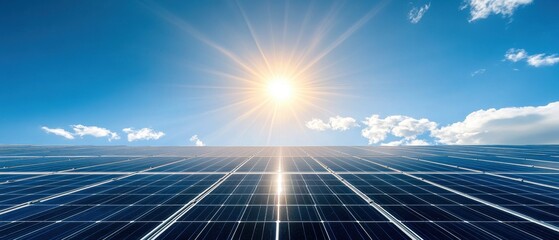 Solar panels absorbing sunlight under a clear blue sky, showcasing renewable energy innovation and sustainability.