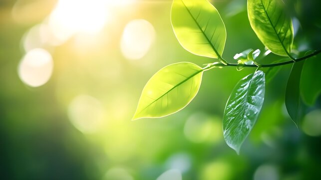 Close-up of fresh green leaves with sunlight and bokeh background.