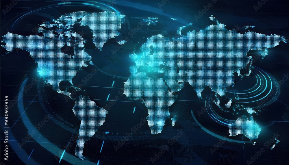 Poster futuristic global digital network and data visualization concept displayed in a glowing holographic 