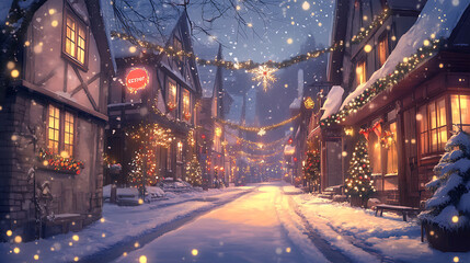 Charming background with a cozy anime winter scene, showcasing snow-covered streets, warm lights, and decorations