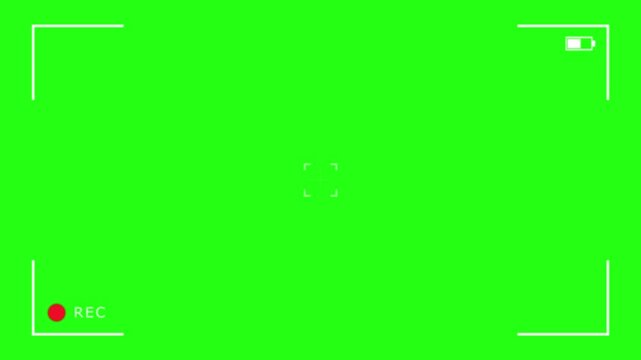 Camera recording screen overlay on green background, mirrorless cam viewfinder frame animation template, digital video recorder user interface display with setting and time data for production design