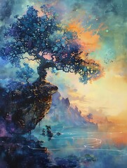 A vibrant, mystical landscape featuring a tree on a cliff by a serene body of water.