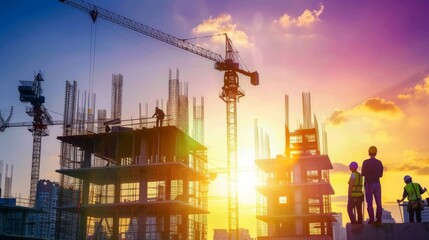 Silhouetted Construction Workers and Cranes Building Cityscape at Sunset, Urban Development Concept