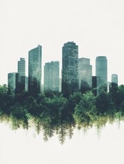 Obraz premium Urban skyline blending with greenery, showcasing modern architecture amidst nature.