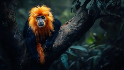 Fototapeta premium A golden-haired monkey sitting on a tree branch, with the dark green foliage of the rainforest behind it.