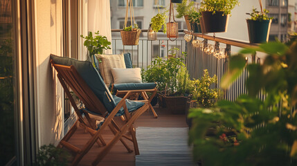 Obraz premium Urban balcony with space-saving furniture like foldable chairs, hanging planters, and lanterns, designed for small city living 