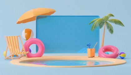 Obraz premium Tranquil Beach Vacation Scene with Tropical Elements and Summertime Accessories Serene and Relaxing 3D Render of a Tropical Beach with Palm Trees Lounge Chairs Floating Rings