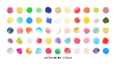 Set of colorful watercolor hand painted round shapes, stains, circles, blobs isolated on white background. Vector elements for creative design