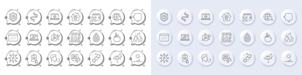 Timeline, Waterproof umbrella and Website education line icons. White pin 3d buttons, chat bubbles icons. Pack of Fake news, Eye detect, Fingerprint access icon. Vector