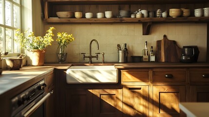 Cozy and Inviting Rustic Farmhouse Kitchen Featuring Rich Brown Wooden Cabinetry a Farmhouse Sink and Warm Lighting that Highlights the Natural Wood Textures