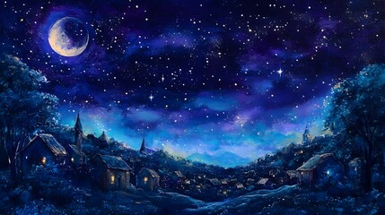 Fototapeta premium Whimsical and Tranquil Painting of a Starry Night Sky Glowing Over a Quiet and Serene Village Landscape Using Deep Blues and Purples to Create a Sense of Wonder and Calm