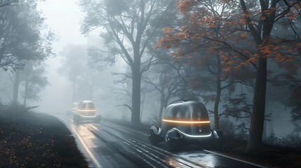 Obraz premium Autonomous vehicles traversing a foggy wooded route
