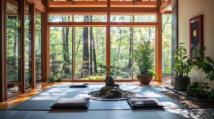 Zen-inspired meditation room with tatami mats, sliding shoji screens, bonsai trees, and a small stone water feature for relaxation
