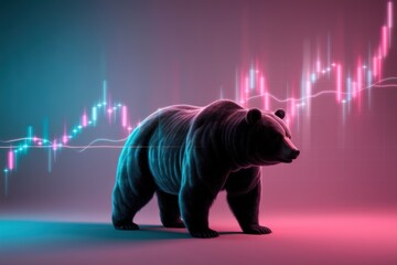 Digital artwork of a bear with a stock market graph in the background, illuminated by neon lights