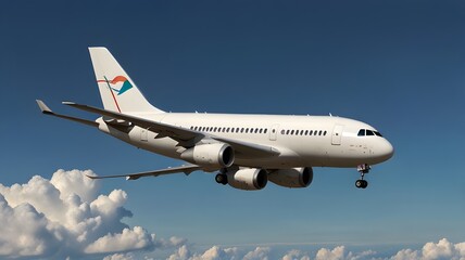 Obraz premium airplane in the skyModern Passenger Airplane in Full Flight: A sleek, modern commercial airplane, viewed from the side, with smooth curves and a metallic finish. The white body is complemented by subt