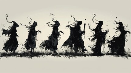 Design black silhouette illustrations of spooky Halloween Banquo's Ghost (from Shakespeare's Macbeth) in various activities ,with bold lines and simple design, placed on a white background 